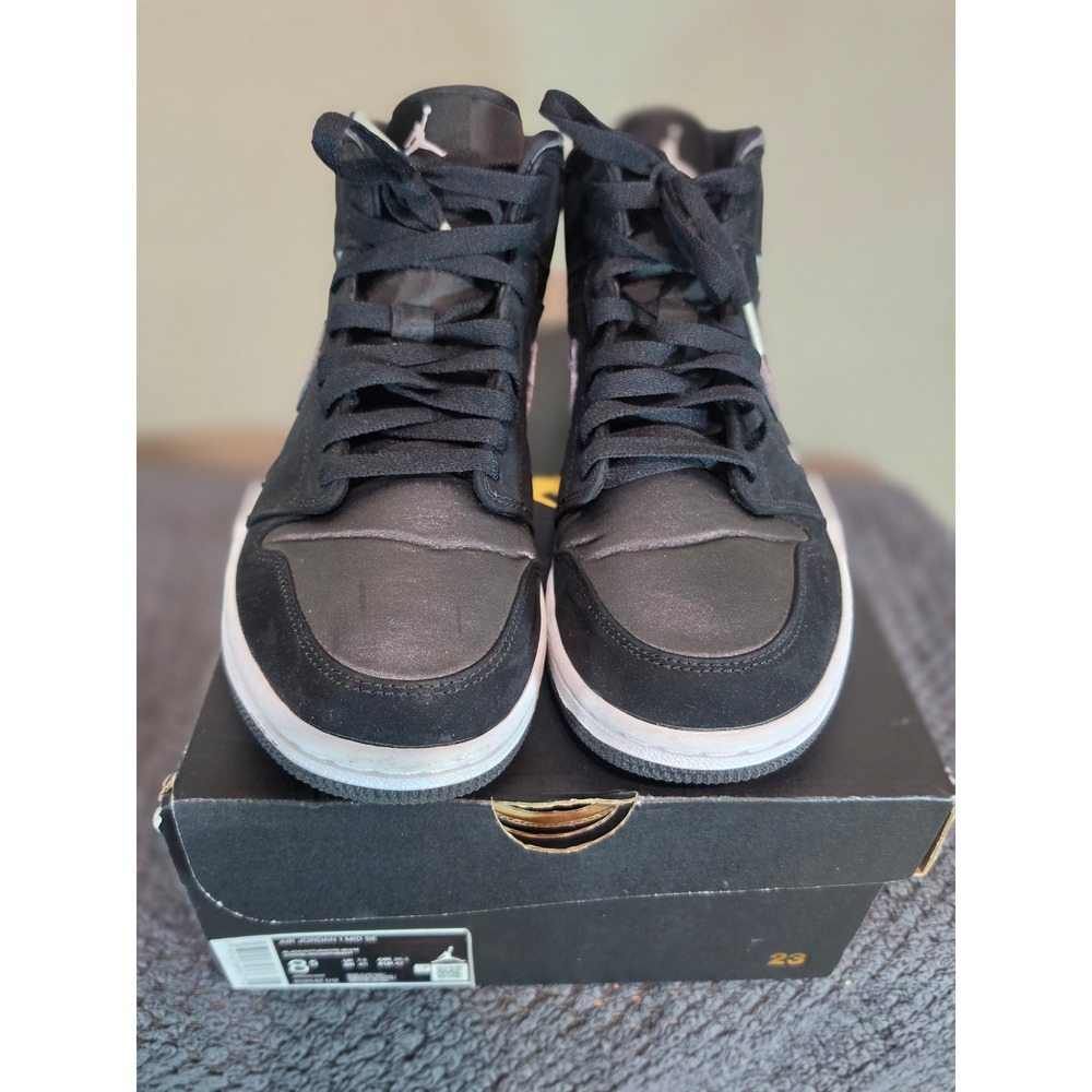 Nike Air Jordan 1 Mid SE Black Dark Grey Satin Sneakers 852542-012 Mens 8.5